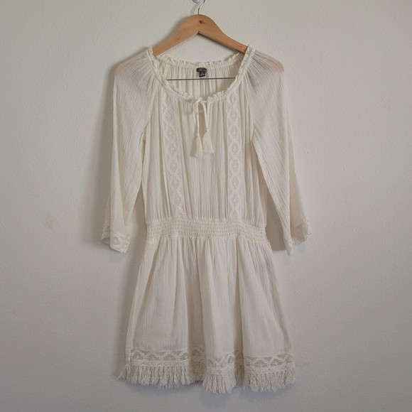 Aerie Womens Size XS White Gauze Summer Mini Dress Crochet trim Long Sleeve Boho - Picture 8 of 14
